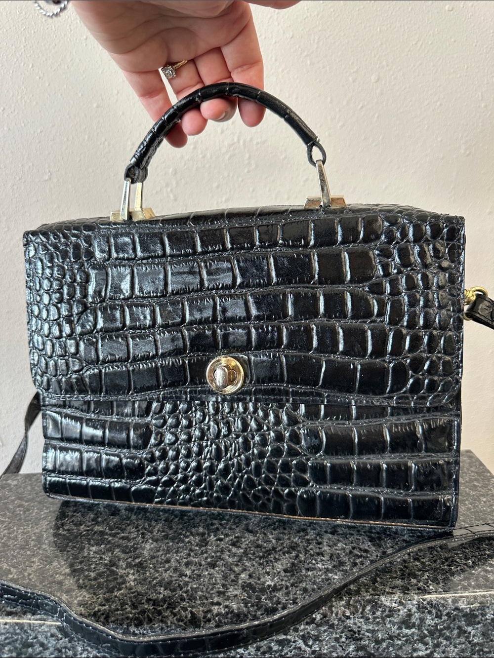 Black Croc-Embossed patent leather Top Handle Bag with Gold Hardware crossbody